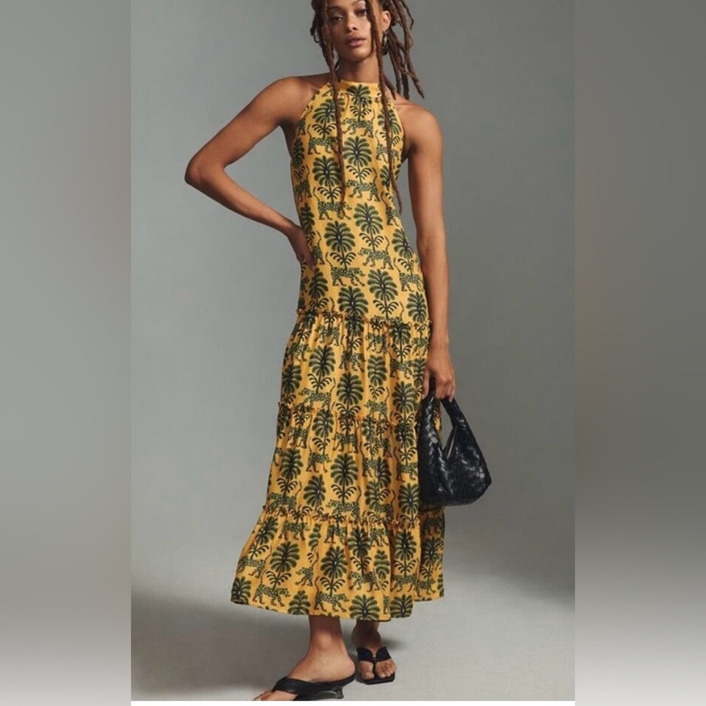 Yellow Palm-Print Maxi Dress - Women's Summer Halter